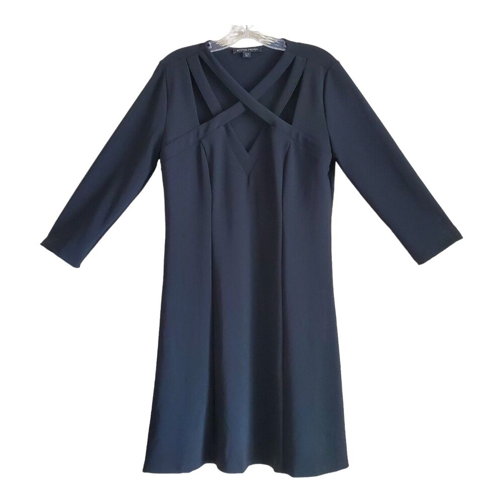 BOSTON PROPER Women's M Sheath Dress Criss Cross Neckline 3/4 Sleeve Knee Length